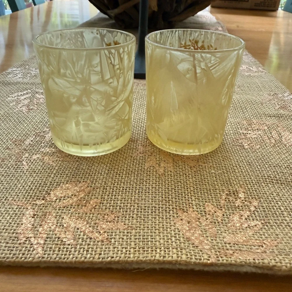 Pier 1 Votive Candle Holders Gold with Glitter Trees Set of 2 Fall Frosted Amber